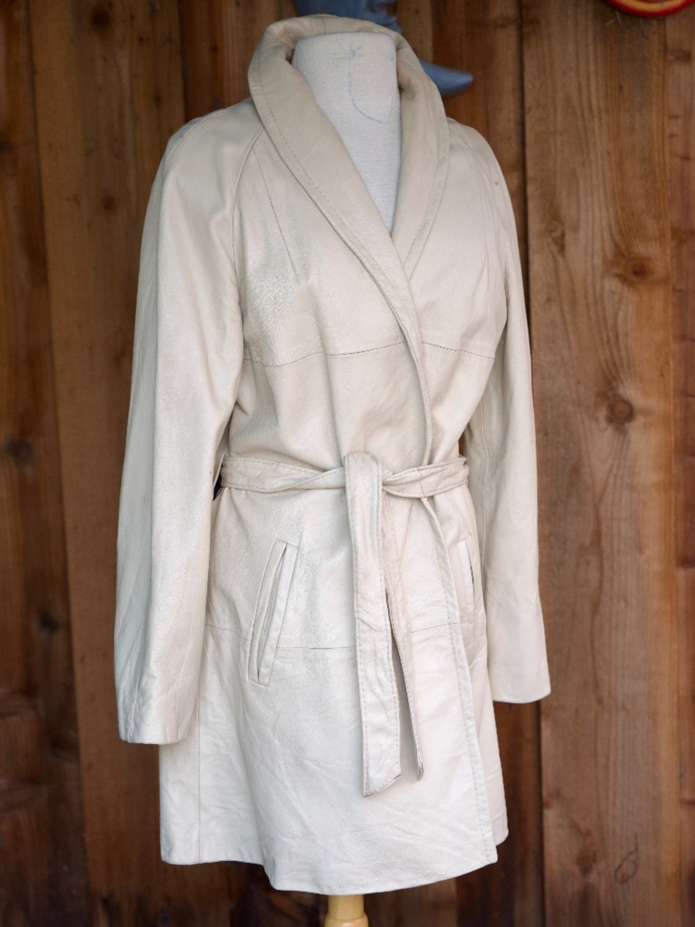 Vintage Peter Caruso 100% Leather Cream Mid Length Trench Coat Jacket Woman's M